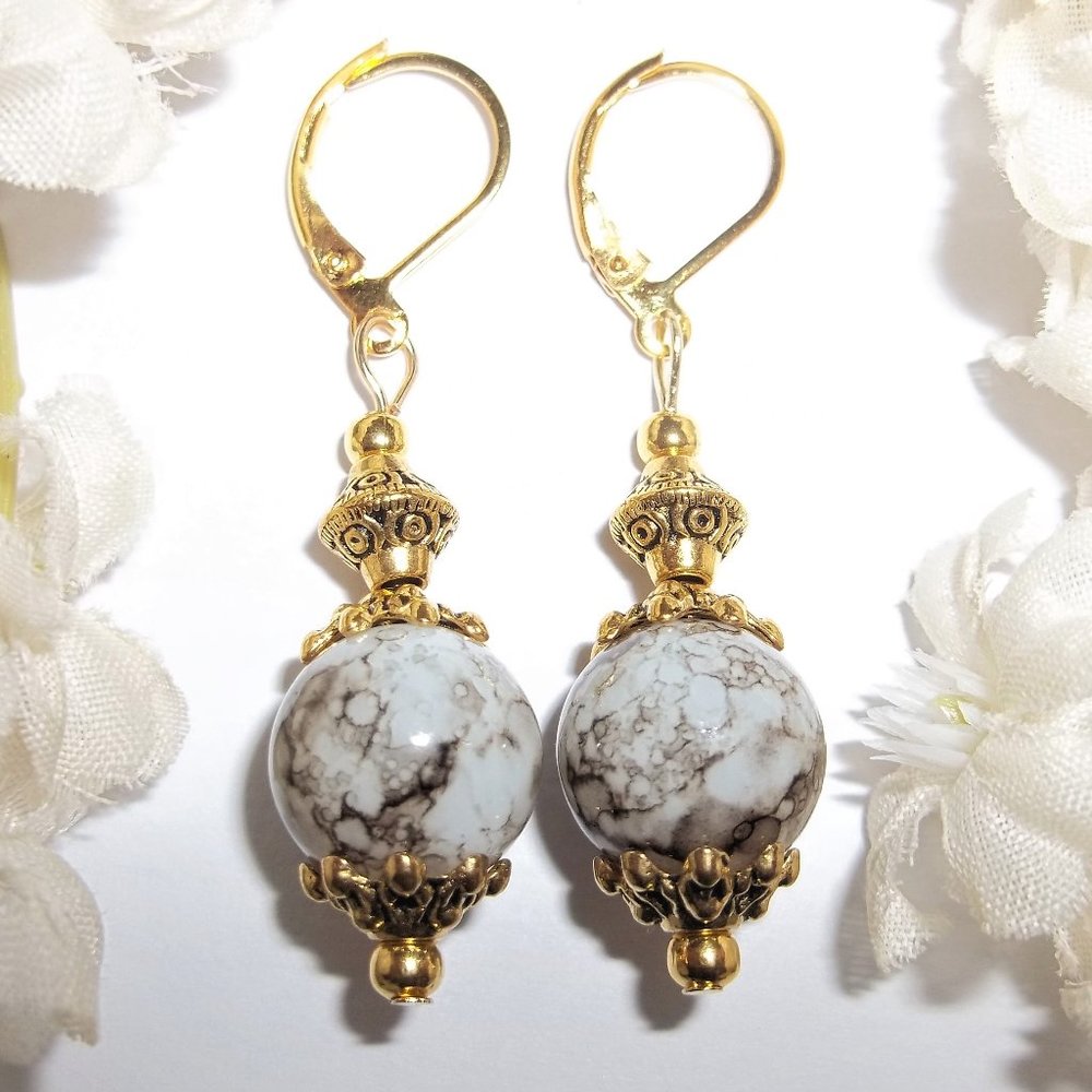 Gold Brown White Beaded Dangle Earrings Set Lever Back Gift Idea for Her 7134 - Picture 1 of 8
